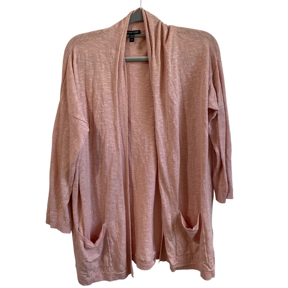 Eileen‎ Fisher Organic Linen Blend Cardigan Open Pockets Pink Medium Sweater